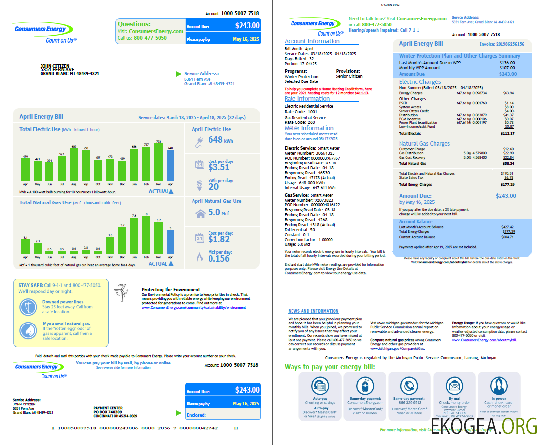 USA Consumers Energy utility bill template in Word and PDF formats, 2 pages, vesion 2